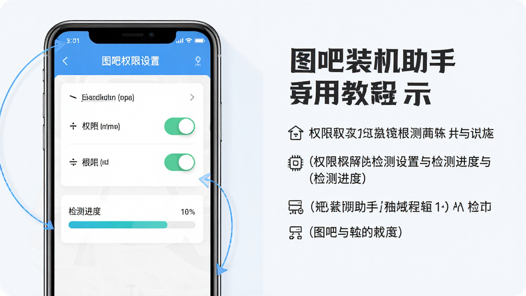 图吧装机助手使用教程示意图,主体为手机屏幕展示权限设置与检测进度,布局为左右分栏左侧手机右侧文字说明,排版清晰,风格为教程类图示,细节包括权限开关与进度条,画质高清,干净,无多余元素