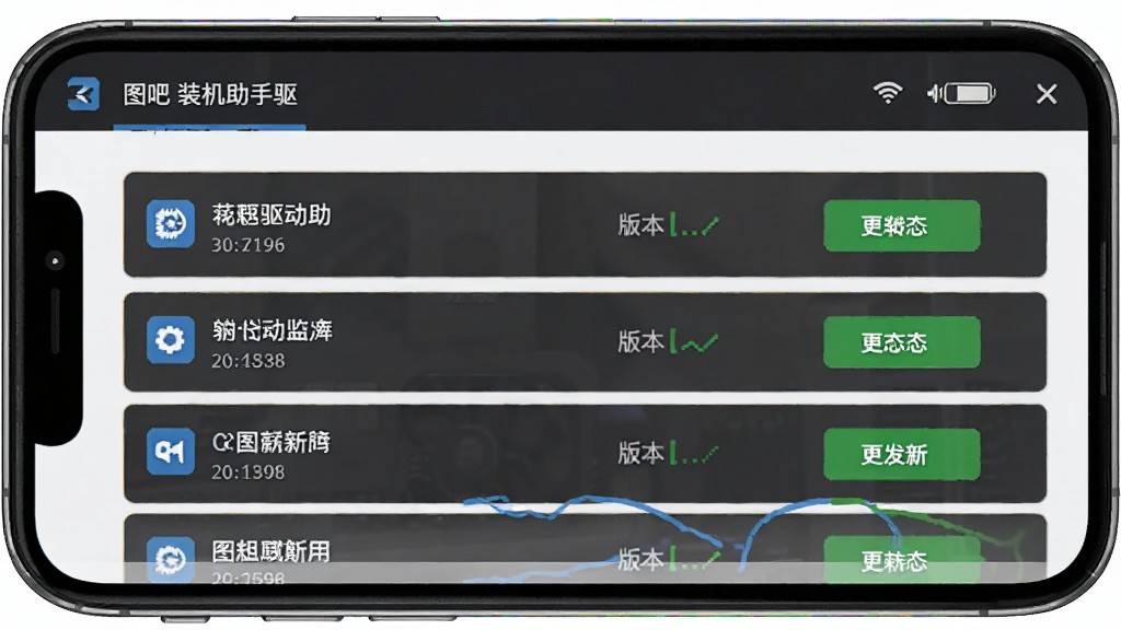 图吧装机助手驱动管理界面,主体为手机屏幕展示驱动列表与更新按钮,布局为列表式排列,排版简洁,风格为工具类应用常见设计,细节包括驱动名称、版本号与状态标识,画质高清,干净,无多余元素