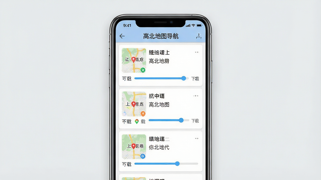 一张展示离线地图下载管理界面的图片,手机屏幕中列出多个城市地图包及下载进度条,界面顶部有