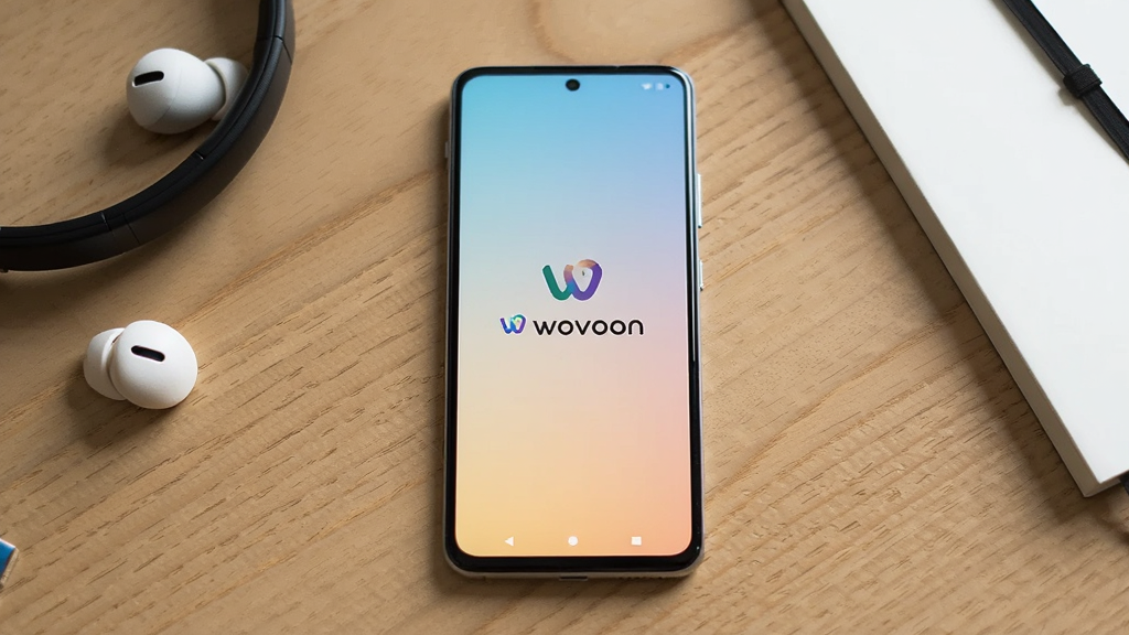 一部安卓手机放置在木纹桌面上,屏幕显示 wovoon 应用启动画面,画面中央有品牌标识,背景为柔和的渐变色。手机周围有简单的耳机和笔记本作为陪衬,整体构图居中,光线明亮自然,画质清晰干净,突出轻快迅捷的视觉感受