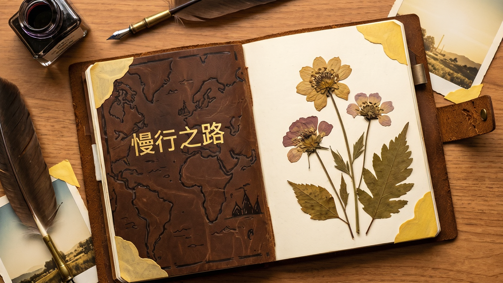 画面主体是一本摊开的皮质旅行日志放在木质桌面上,布局为俯视视角,排版左侧是手绘地图右侧是压平的干花与树叶,风格为复古手账风,细节包括羽毛笔、墨水瓶、泛黄的照片角贴,画质温暖细腻干净,日志封面上用烫金字体写着“慢行之路”