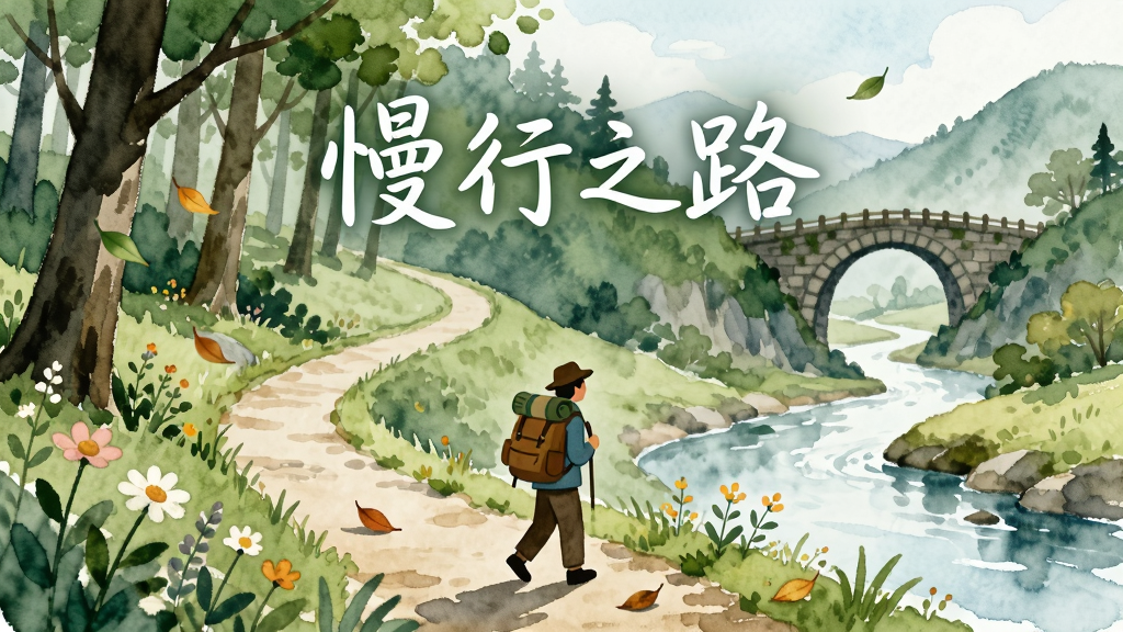 主体是一位背着行囊的旅人行走在蜿蜒的山间小路上,布局采用宽幅横向构图,左侧是茂密森林右侧是开阔溪谷,排版将人物置于画面中下方三分之一处,风格为柔和的水彩手绘风,细节包括路边的野花、飘落的树叶、远处若隐若现的古老石桥,画质清新干净无多余元素,画面中央上方用白色手写体标注“慢行之路”