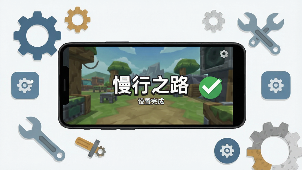 画面主体是一部安卓手机横屏显示游戏画面,布局为手机居中周围环绕着齿轮、扳手、设置图标等元素,排版采用扁平化信息图风格,风格为科技简约风,细节包括手机屏幕上显示“慢行之路”标题界面、旁边有绿色对勾标记表示设置完成,画质清晰干净无杂乱背景