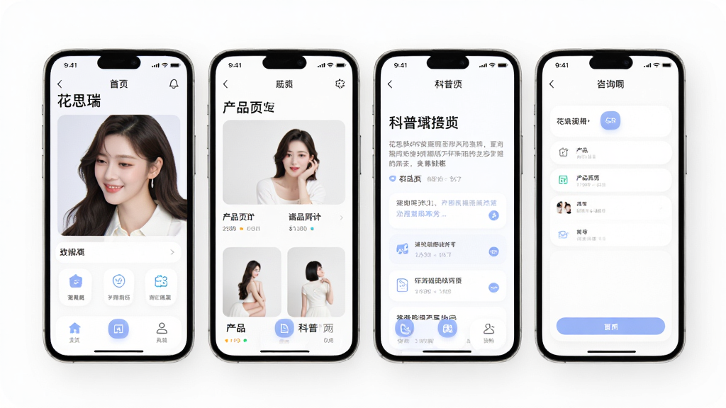 花思瑞APP整体界面设计展示,画面为多部手机并排显示不同功能页面,包括首页、产品页、科普页和咨询页,背景为干净的白色,风格统一简约,细节上突出柔和的圆角和清晰的图标。画质高清,干净整洁,无多余元素。