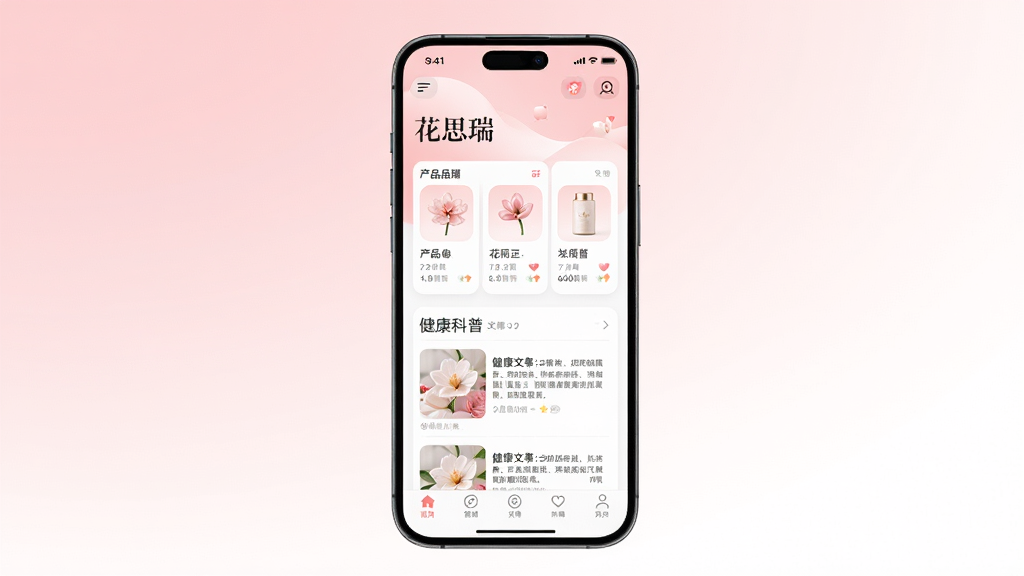 花思瑞手机应用主界面展示,画面中央是一部智能手机,屏幕显示花思瑞APP的首页,包含产品展示区、健康科普文章列表和底部导航栏。背景为柔和的浅粉色与白色渐变,风格清新简约,细节上突出柔和的圆角图标和优雅的排版。画质高清,干净整洁,无多余元素。