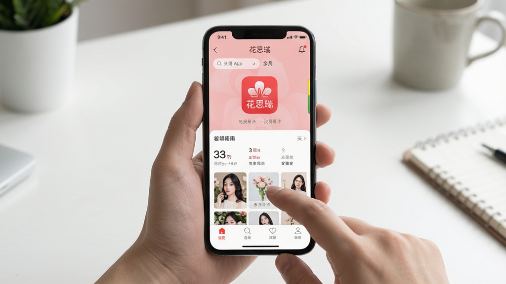 花思瑞APP在手机上的操作示意图,画面展示一只手拿着手机,屏幕显示花思瑞的首页界面,背景为简洁的桌面环境,风格真实自然,细节上突出手机屏幕内容和手指点击动作。画质高清,干净整洁,无多余元素。