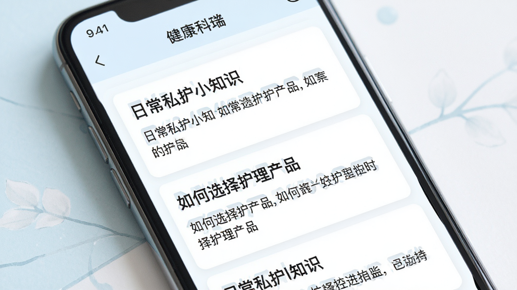 花思瑞APP健康科普页面展示,画面中手机屏幕显示一片文章列表,标题如“日常私护小知识”“如何选择护理产品”,背景为淡雅的浅蓝色与白色,风格专业温和,细节上体现清晰的文字排版和舒适的阅读间距。画质高清,干净整洁,无多余元素。