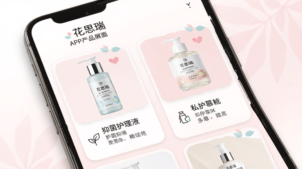 花思瑞APP产品展示页面,手机屏幕显示花思瑞抑菌护理液和私护慕斯的产品图片与文字介绍,布局为卡片式设计,背景为白色与浅粉色交织,风格清新柔和,细节上突出产品瓶身和简洁的图标。画质高清,干净整洁,无多余元素。