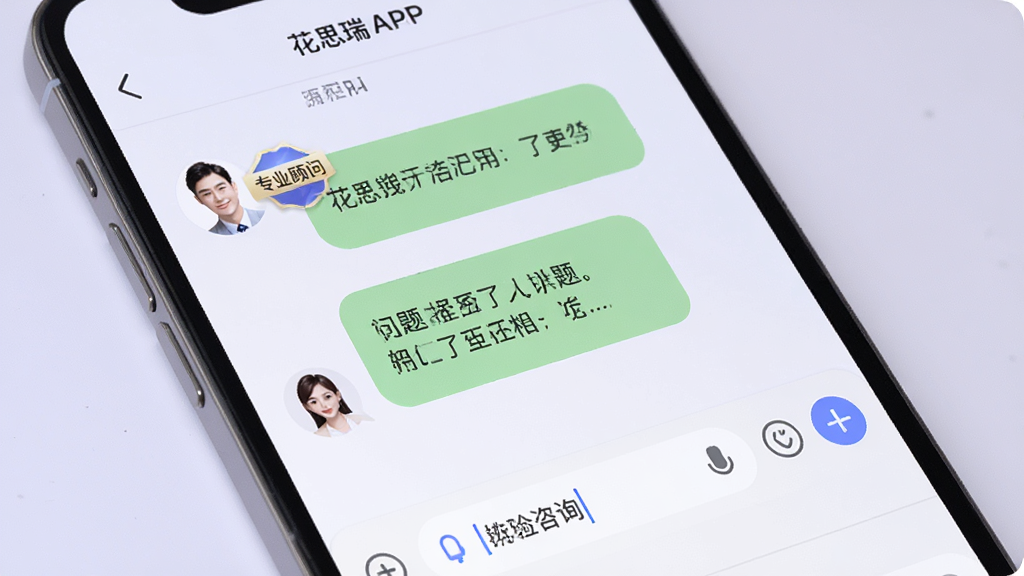 花思瑞APP在线咨询界面,手机屏幕显示聊天对话框,用户正在输入问题,客服头像旁有“专业顾问”标识,背景为柔和的浅紫色,风格亲切友好,细节上体现聊天气泡和输入框。画质高清,干净整洁,无多余元素。