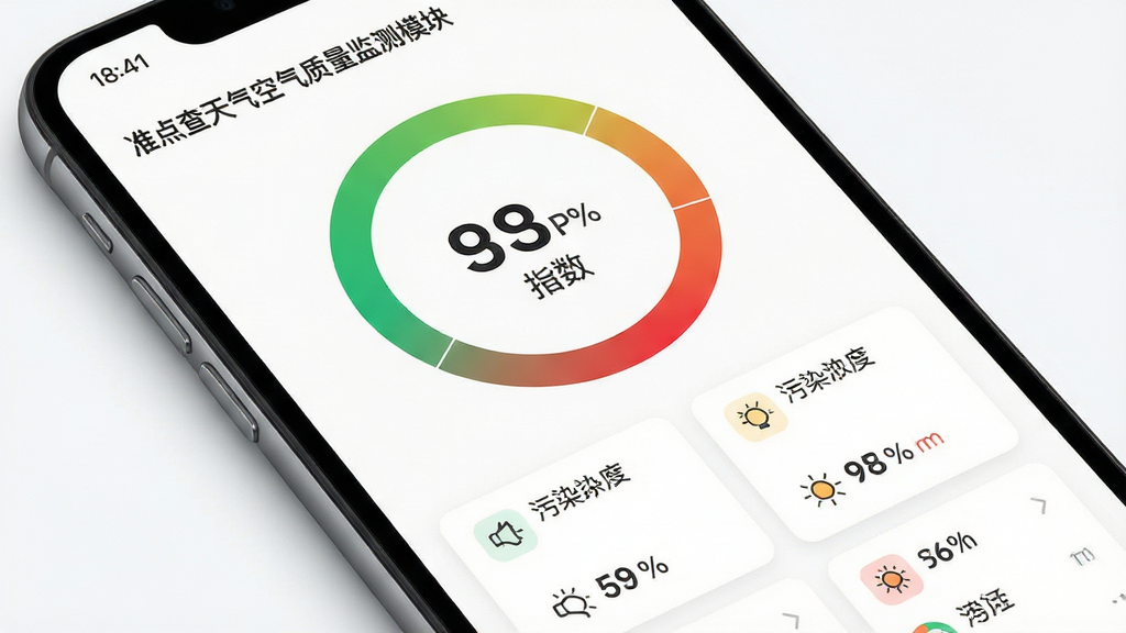 准点查天气空气质量监测模块,主体为手机屏幕,屏幕中显示空气质量指数圆环图与污染物浓度列表,布局为上方指数大圆环、下方污染物数值卡片,排版整齐,风格为清爽素雅风,细节包含绿色到红色的渐变圆环、白色背景、简洁图标,画质高清,画面干净,无多余元素