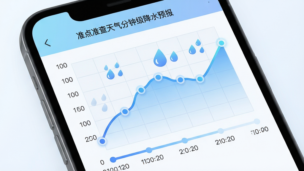 准点查天气分钟级降水预报界面,主体为手机屏幕特写,屏幕中展示未来120分钟降水折线图与雨滴动画图标,布局为上方标题栏、中部曲线图、底部时间轴,排版清晰易读,风格为清新浅色科技风,细节包含蓝色渐变曲线、圆润数据点、半透明网格背景,画质高清,画面干净,无多余元素