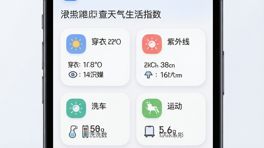准点查天气生活指数页面,主体为手机屏幕,屏幕中显示穿衣、紫外线、洗车、运动等指数卡片,布局为两列网格排列,排版紧凑有序,风格为柔和圆角风,细节包含彩色圆角图标、浅色背景、简短文字说明,画质高清,画面干净,无多余元素