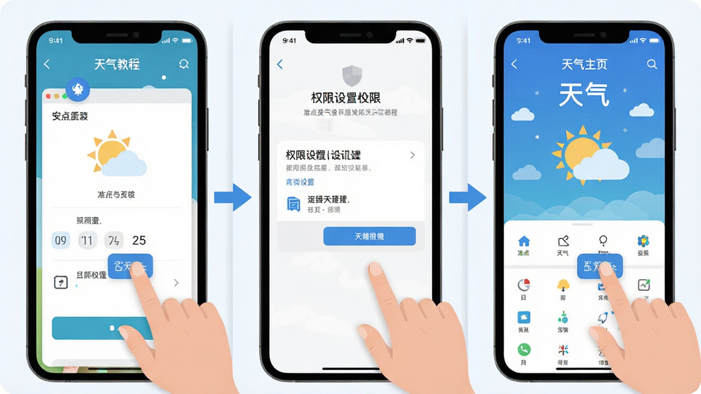 准点查天气移动端使用教程示意图,主体为手机屏幕与操作手势,屏幕中显示安装界面、权限设置页面与天气主页,布局为三屏并排展示,排版清晰,风格为扁平化教程风,细节包含箭头指引、文字标注、简洁图标,画质高清,画面干净,无多余元素