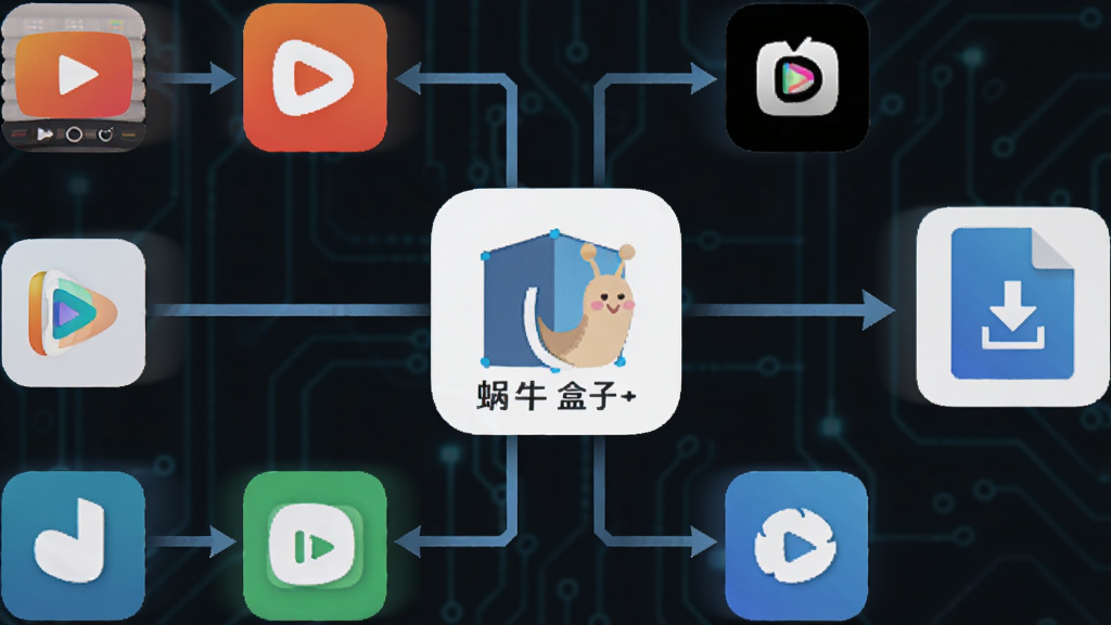 智能解析引擎工作示意图,画面中心是“蜗牛盒子”的图标,周围连接着多个视频平台图标,箭头指向一个下载完成的文件图标,风格为扁平化科技感,布局对称,画质清晰干净