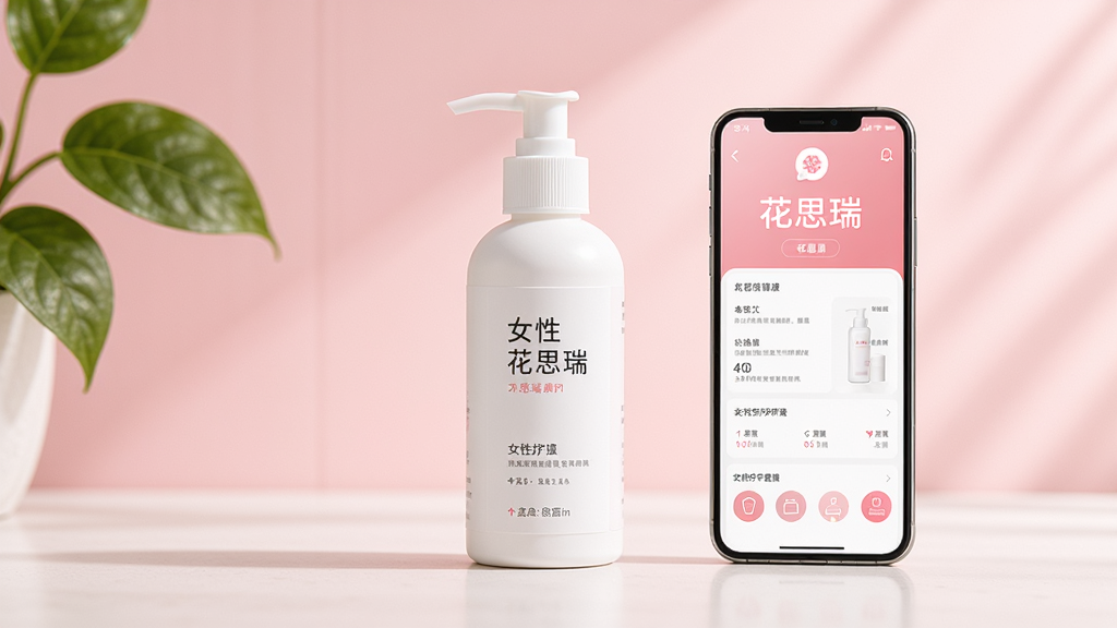 主体是一瓶白色简约包装的女性私护护理液产品,旁边放置一部智能手机,手机屏幕显示花思瑞APP的首页界面,布局为产品居中、手机在右侧的三角构图,排版采用左右均衡的视觉分布,风格为清新柔和的医疗健康类视觉,细节包括淡粉色渐变背景、桌面上的绿植叶片、柔和的光影过渡,画质为高清4K、干净、无多余元素