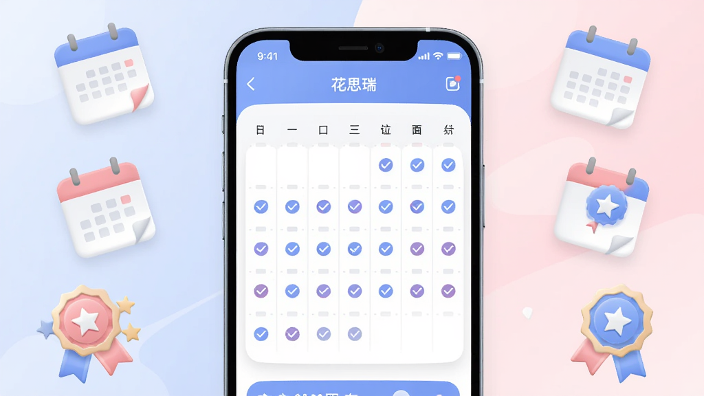 主体是一个手机屏幕显示花思瑞APP的打卡日历界面,日历上标记了多个已完成的对勾图标,布局为手机居中、周围漂浮着日历图标和打卡勋章,排版为居中对称,风格为扁平化UI展示风,细节包括柔和的蓝粉配色、圆角卡片、微阴影效果,画质为高清、干净、无多余元素