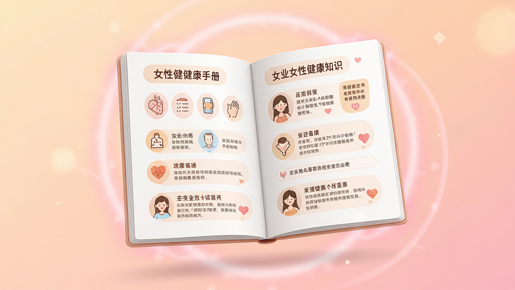 主体是一本翻开的电子健康手册悬浮在画面中央,手册页面显示图文并茂的女性健康知识,布局为手册居中、四周环绕柔和的粉色光晕,排版为居中对齐,风格为温暖科普风,细节包括页面上的图标、小贴士标签、柔和的渐变背景,画质为高清、干净、无多余元素