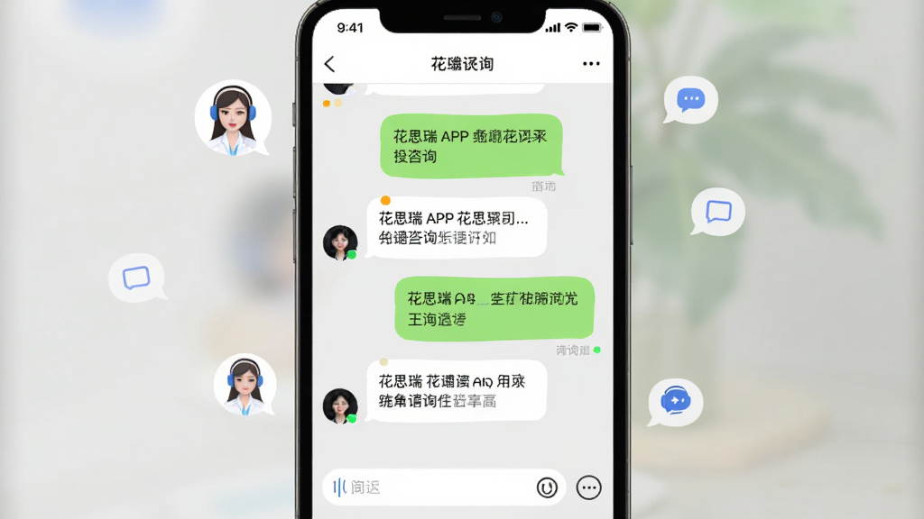 主体是一个手机屏幕显示花思瑞APP的在线咨询聊天界面,对话框中有问答气泡,布局为手机居中、周围有客服头像和对话图标漂浮,排版为居中构图,风格为现代社交软件界面风,细节包括柔和的聊天气泡、在线状态指示灯、简洁的输入框,画质为高清、干净、无多余元素