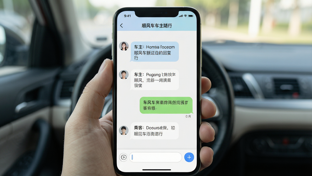 一张展示“顺风车车主随行”软件内聊天沟通界面的手机截图,画面中手机屏幕显示对话气泡,左侧为车主发送的消息,右侧为乘客回复的消息,底部有输入框和发送按钮,界面风格清爽简洁,配色柔和,细节清晰,画质高清,干净无多余元素