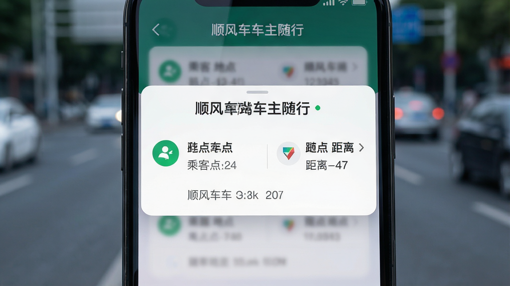 一幅展示智能手机屏幕上“顺风车车主随行”软件接收订单推送通知的画面,画面主体是手机屏幕特写,屏幕中央弹出订单卡片显示乘客起点终点和距离信息,背景为模糊的城市道路,布局简洁突出手机屏幕,风格现代科技感,细节清晰,画质高清,干净无多余元素