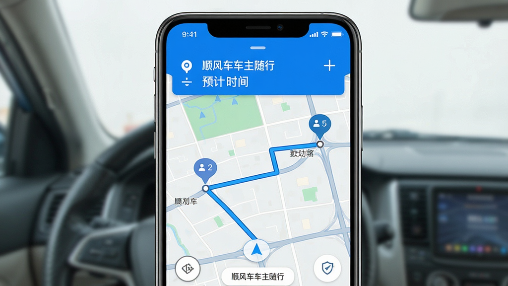 一张展示“顺风车车主随行”软件路线规划功能的界面截图,画面中手机屏幕显示地图导航页面,地图上有起点和终点标记,路线用蓝色线条标注,屏幕上方显示预计时间和距离,整体风格清晰直观,蓝白配色,细节丰富,画质高清,干净整洁
