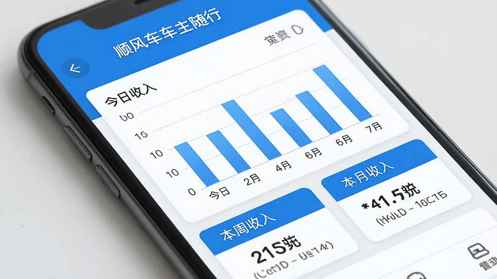 一幅展示“顺风车车主随行”软件收入统计页面的手机截图,画面中手机屏幕显示柱状图和数字统计,包含今日收入、本周收入、本月收入等数据模块,界面风格简洁商务,配色以蓝色和白色为主,细节清晰,画质高清,无多余装饰元素
