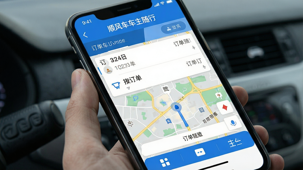 一张展示顺风车车主随行软件主界面的手机屏幕截图,画面中央是手机竖屏显示软件首页,顶部有“顺风车车主随行”文字标识,页面布局包含订单列表、地图导航区域、底部功能按钮栏,整体采用蓝白配色风格,界面干净整洁,细节清晰,画质高清,无多余元素