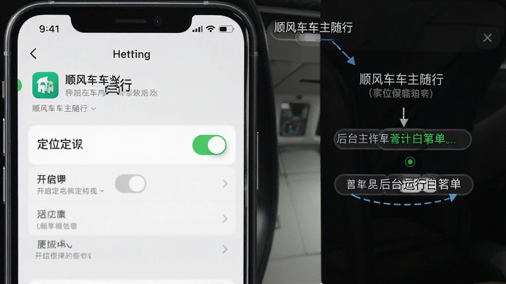 一张展示手机设置页面中为“顺风车车主随行”应用开启定位权限和后台运行白名单的操作示意图,画面中手机屏幕显示权限管理界面,定位权限开关处于开启状态,背景为简洁的浅色界面,布局清晰,风格实用,细节明确,画质高清,干净无多余元素