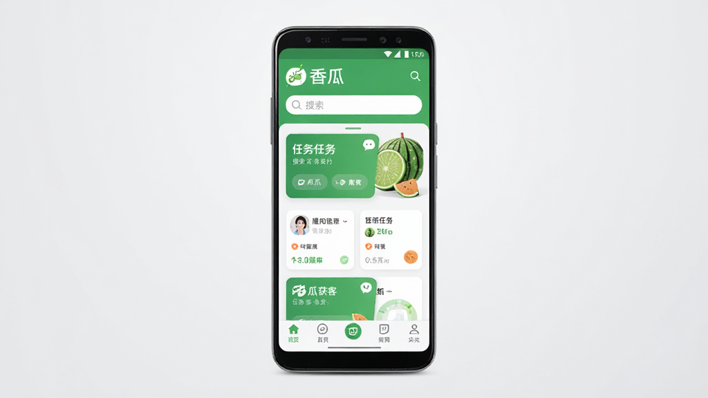 香瓜获客软件主界面展示图,画面中央放置一部安卓手机,手机屏幕上显示香瓜获客APP的首页布局,顶部为品牌Logo与搜索栏,中部为任务卡片列表,底部为导航菜单,整体采用清新绿色调,背景为简洁的浅灰渐变,风格现代科技感,细节清晰,画质干净,无多余元素