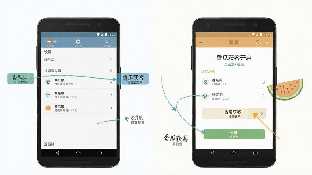 香瓜获客安装设置示意图,画面展示安卓手机设置界面与香瓜获客权限开启页面并排对比,标注关键选项位置,风格扁平化教学插图,配色清晰易读,细节干净,无多余元素