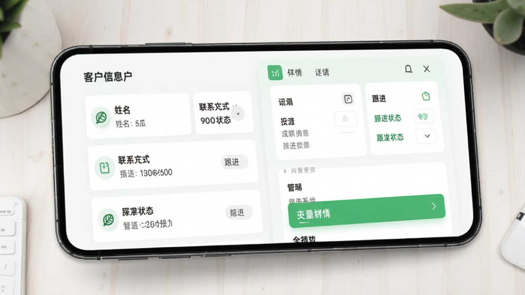 香瓜获客客户线索管理界面,手机屏幕显示客户信息列表与详情面板,包含姓名、联系方式、跟进状态等字段,界面采用卡片式设计,浅色背景搭配绿色强调色,风格清爽简约,细节清晰,画质干净
