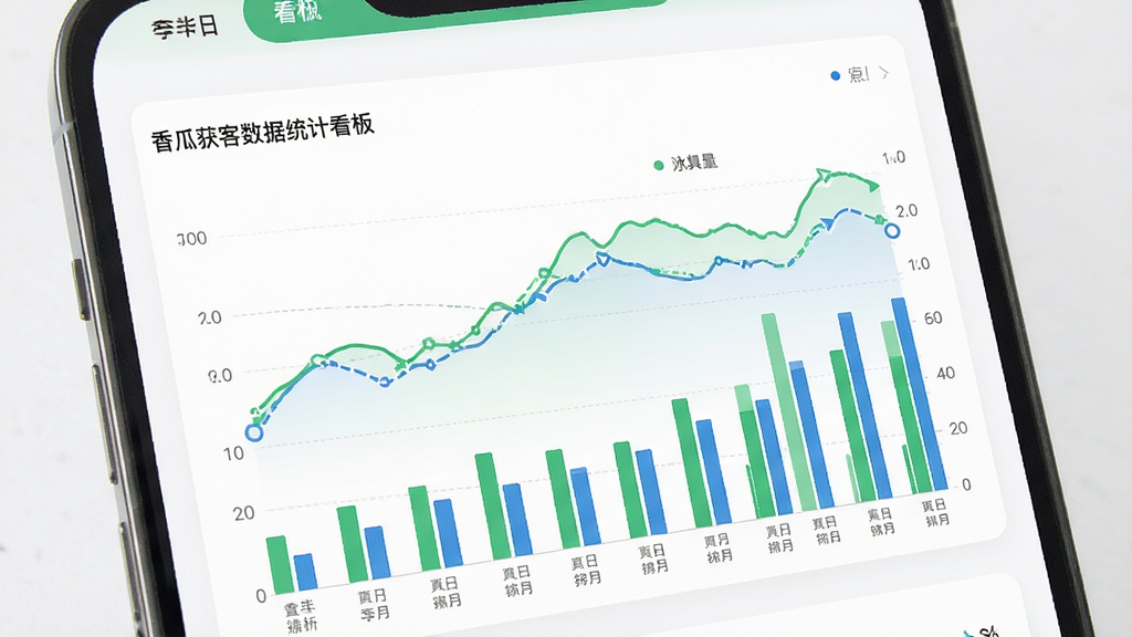 香瓜获客数据统计看板,手机屏幕展示折线图与柱状图组合的数据面板,图表颜色以绿色和蓝色为主,背景为白色卡片,界面风格现代简洁,细节清晰,画质干净,无多余元素