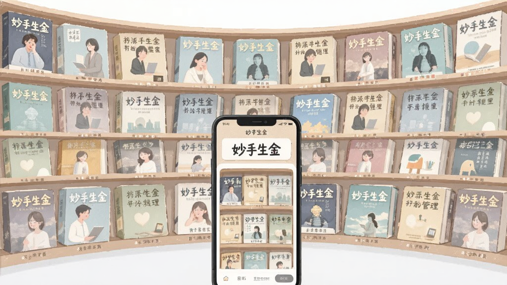 画面主体是一面由多本小说封面拼成的弧形书架墙,书架前方放置一部手机,手机屏幕显示“妙手生金”的书架管理界面,整体采用清新浅色系插画风格,书本封面色彩柔和,布局整齐,细节干净,画质清晰,无多余元素