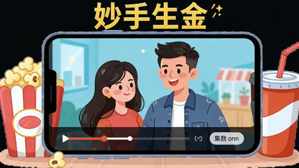 画面主体是一部横屏手机,屏幕中播放短剧画面,画面下方有进度条和集数按钮,手机旁边有爆米花和饮料杯,整体采用明快插画风格,屏幕上方或角落写出“妙手生金”字样,布局简洁,细节干净,画质清晰,无多余元素