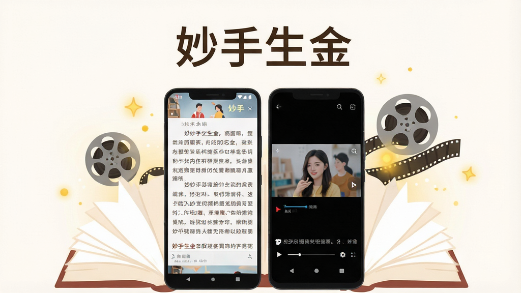 画面主体是一部竖屏安卓手机,屏幕中展示小说阅读界面与短剧播放界面并排布局,手机周围环绕展开的书本、胶片卷和金色光点元素,整体采用简洁扁平插画风格,画面中央或顶部清晰写出“妙手生金”四个字,背景干净浅色,细节清爽,画质清晰,无多余杂乱元素