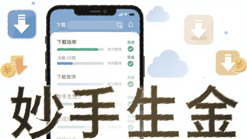 画面主体是一部手机,屏幕显示下载管理列表,列表项带有进度条和完成勾选标记,手机周围有向下箭头的下载图标和云朵元素,整体采用简约扁平插画风格,画面中写出“妙手生金”四个字,背景干净,画质清晰,无多余元素