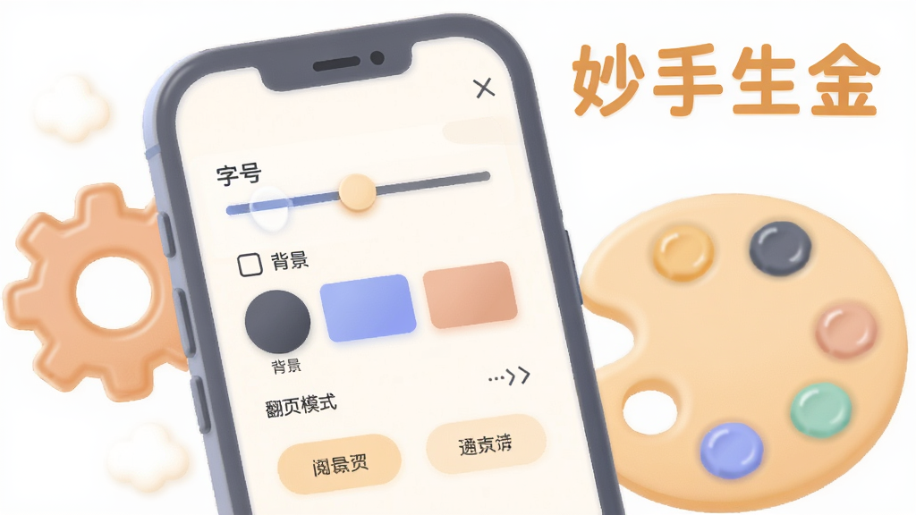 画面主体是一部手机,屏幕显示阅读设置面板,面板上有字号滑块、背景色块和翻页模式选项,手机旁边有齿轮和调色盘元素,整体采用柔和圆角插画风格,画面中写出“妙手生金”字样,布局清晰,细节干净,画质清晰,无多余元素