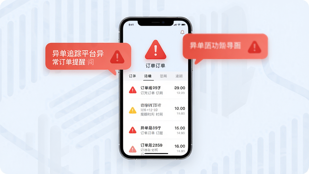 订单追踪平台异常订单提醒功能界面图,画面中手机屏幕显示红色警示图标和异常订单列表,屏幕周围有醒目的通知气泡,布局以手机为中心,排版简洁,风格为清新浅色商务风,细节包括警示图标、订单编号和提醒时间,画质高清,干净,无多余元素
