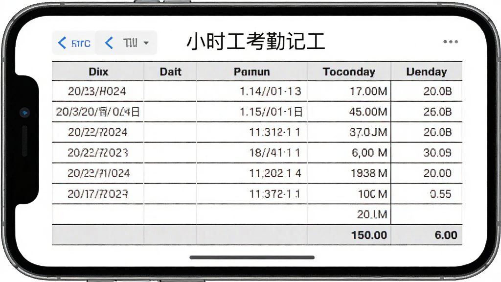 主体为手机屏幕展示考勤记录导出为表格的预览界面,布局为横屏表格样式,排版上日期与工时数据整齐排列,风格为办公文档类界面,细节包括表格线、数字、合计行,画质高清干净无多余元素,画面中显示文字“小时工考勤记工”