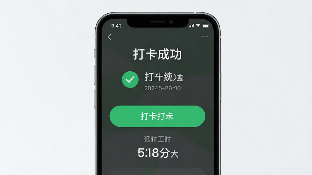 主体为手机屏幕展示打卡成功动画效果,布局为竖屏手机界面特写,排版上打卡按钮和工时数字突出显示,风格为清新简约的移动应用界面,细节包括绿色对勾图标、时间戳、工时统计数字,画质高清干净无多余元素,画面中显示文字“打卡成功”