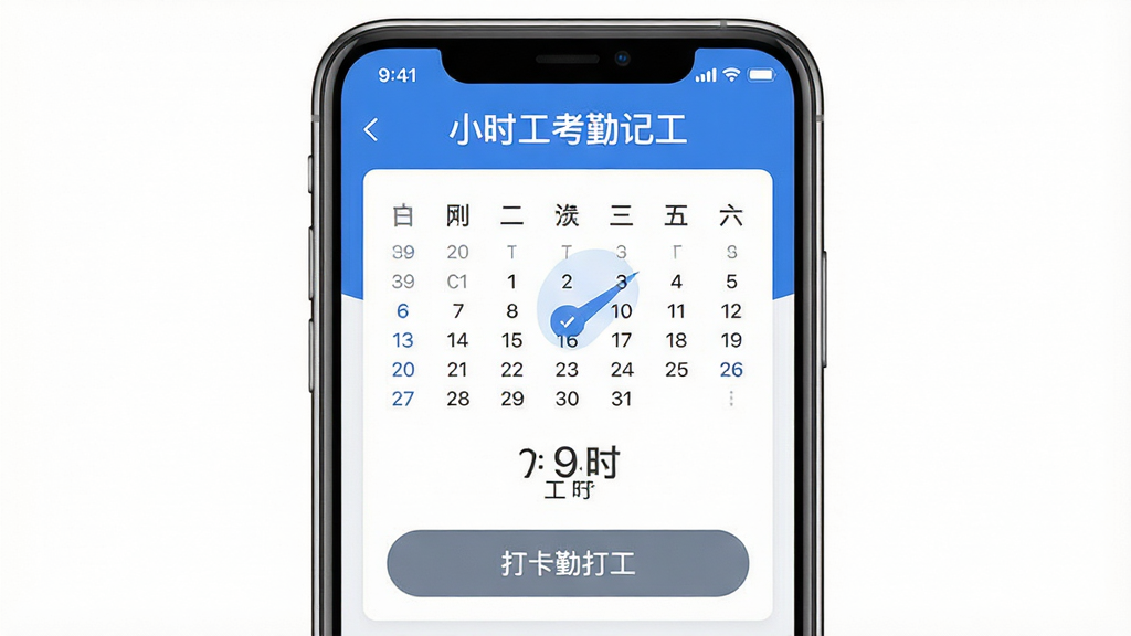 主体为一部智能手机屏幕展示考勤打卡界面,布局采用居中构图,排版上软件界面占据画面核心位置,风格为现代扁平化UI设计,细节包括日历视图、工时数字、打卡按钮等元素,画质高清干净无多余元素,画面中显示文字“小时工考勤记工”