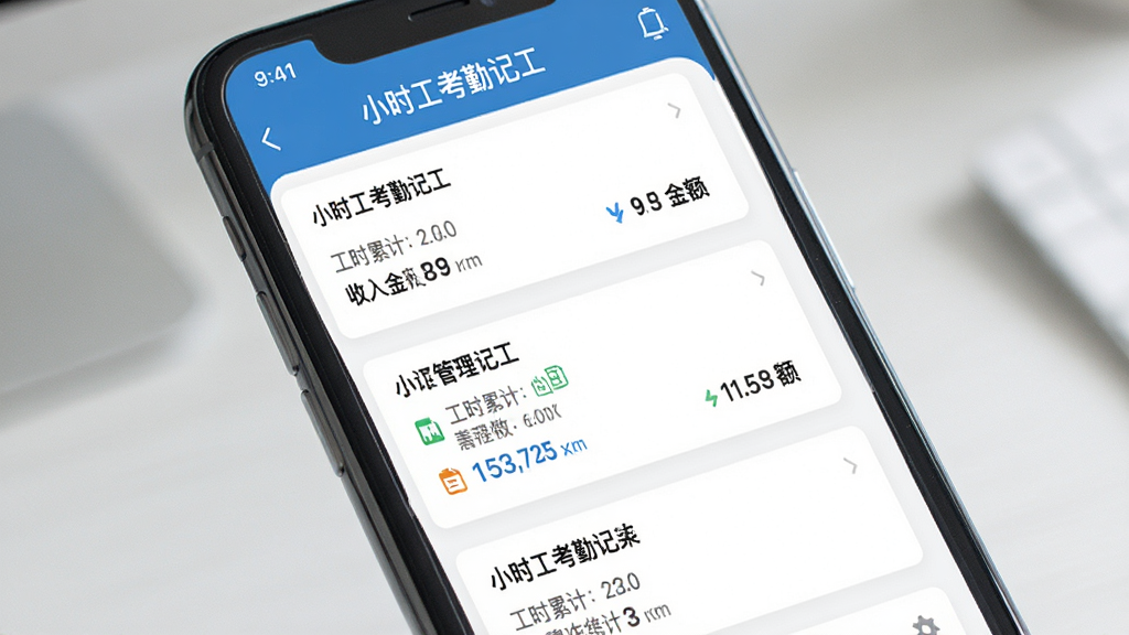 主体为手机屏幕展示多个工作项目的管理列表,布局为卡片式列表排列,排版上每个工作项目独立成块,风格为清爽的商务应用界面,细节包括工作名称、工时累计、收入金额等数据,画质高清干净无多余元素,画面中显示文字“小时工考勤记工”