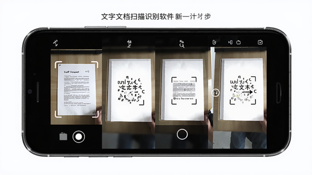 文字文档扫描识别软件在新手引导页面展示操作步骤,手机屏幕显示分步图示,包括打开相机、对准文档、点击识别、导出文本四个步骤,风格友好清晰,画质干净,布局直观