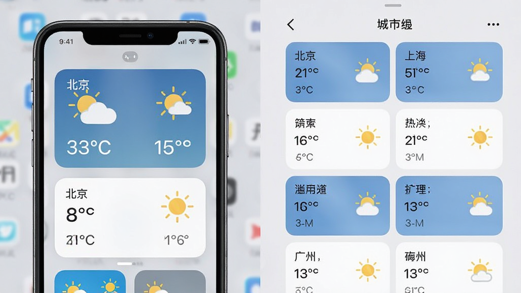 准点查天气应用的多城市管理界面与桌面小组件展示图,画面左侧是手机桌面上的天气小组件,右侧是应用内城市列表界面,列表中包含北京、上海、广州等城市卡片,每张卡片显示温度和天气图标,背景为浅灰色,风格简约商务,画质清晰,干净无多余元素