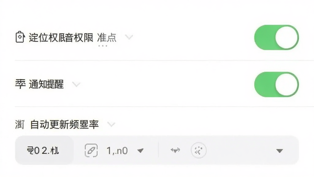 准点查天气应用设置界面截图,画面中展示定位权限开关、通知提醒开关、自动更新频率选择等选项,界面布局清晰,背景为白色,风格素雅极简,画质清晰,干净无多余元素