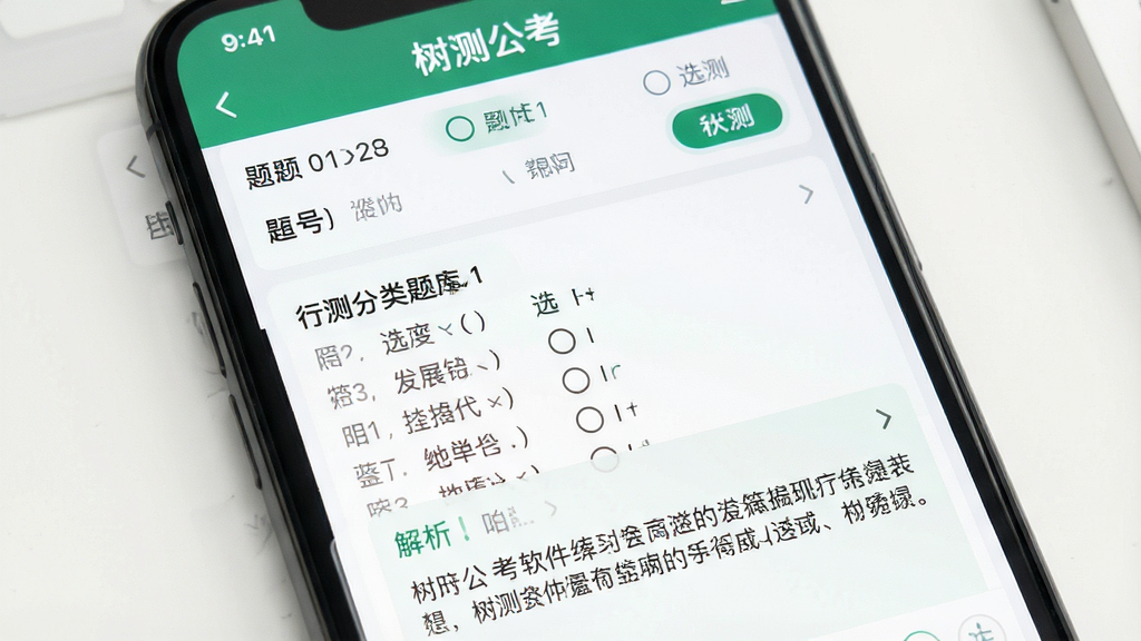 一张树测公考软件题库练习界面截图风格图片,画面主体是手机屏幕,屏幕内展示行测分类列表和一道选择题,选项下方有解析区域,顶部有“树测公考”字样,布局为上下结构,风格为清新学习风,细节包括题目编号、选中状态高亮、解析文字清晰,画质高清,画面干净,无多余元素