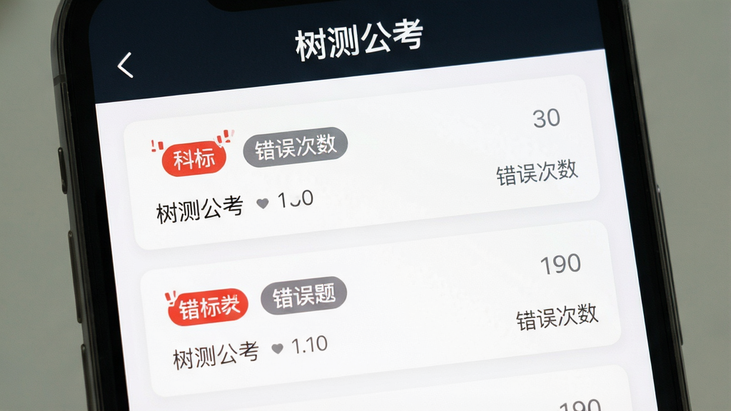 一张树测公考软件错题本界面图片,画面为手机屏幕展示错题列表,每条错题带有科目标签和错误次数,顶部有“树测公考”文字,布局为列表式,风格为简约学习工具风,细节包括红色错误标记、灰色科目标签、白色背景卡片,画质高清,画面干净,无多余元素
