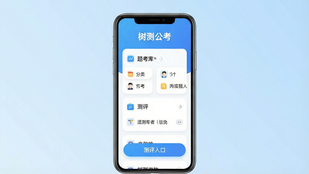 一张手机屏幕展示树测公考软件首页界面,画面中央是手机正视图,屏幕内显示公考题库分类卡片和测评入口按钮,顶部有“树测公考”文字标识,背景为浅蓝色渐变,整体布局简洁清晰,风格为扁平化科技风,细节包括图标圆角、按钮高亮、文字排版整齐,画质高清,画面干净,无多余元素