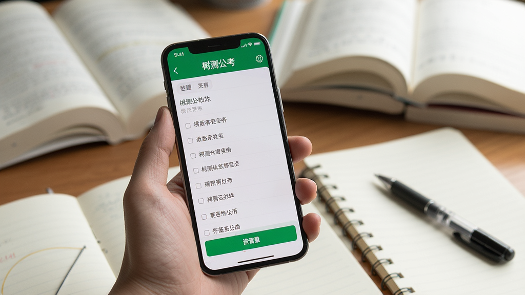一张树测公考软件在手机上的使用场景图,画面为一只手拿着手机,屏幕显示树测公考答题界面,背景为书桌和书籍,布局为竖版构图,风格为真实生活学习场景,细节包括手机屏幕清晰、答题选项可见、桌面有笔记本和笔,画质高清,画面干净,无多余元素