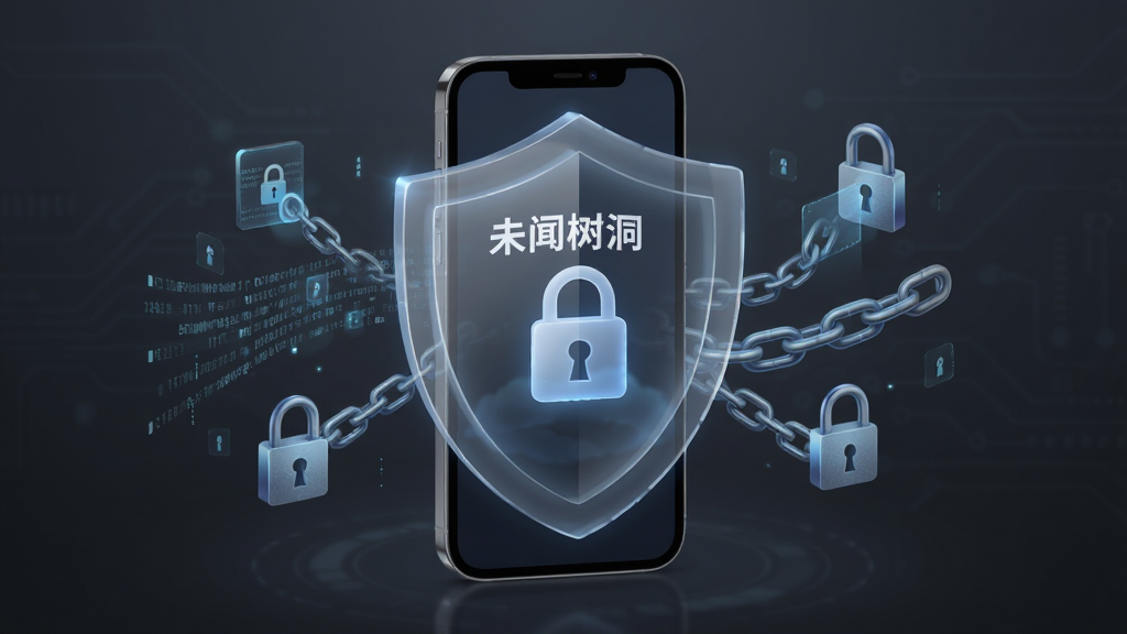 未闻树洞应用的隐私保护功能示意图,画面中央是一部手机被半透明的盾牌环绕,盾牌上有锁形图标,手机屏幕显示